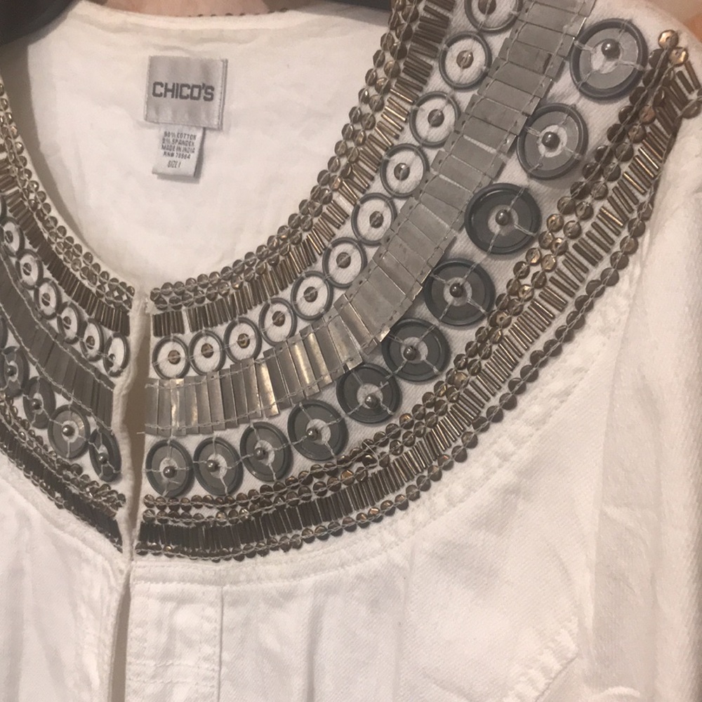 Chico's White Cotton Embellished denim Jacket